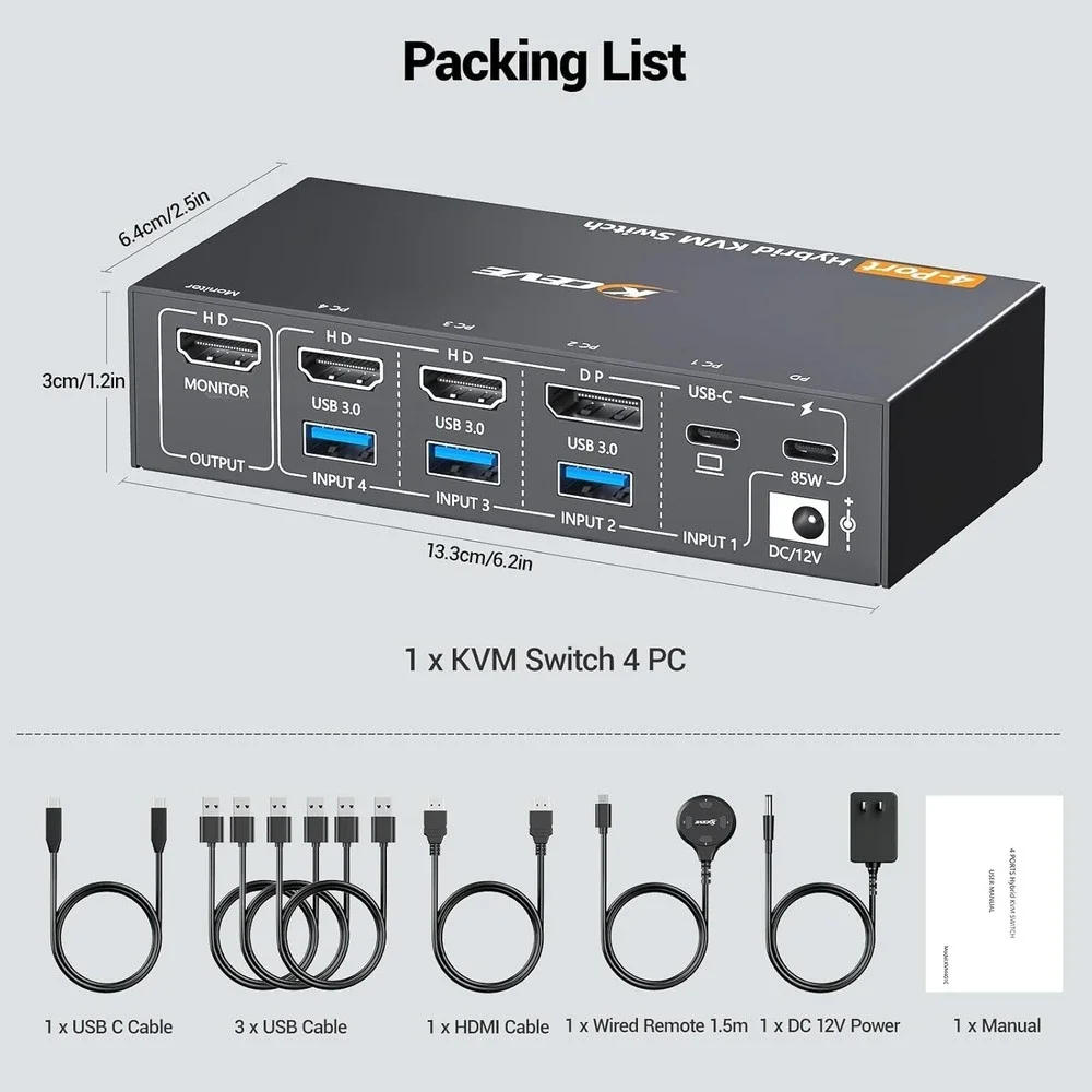 KCEVE 4K KVM Switch 4 Computers 1‎ Monitor HDMI USB-C DP EDID USB 3.0 60H